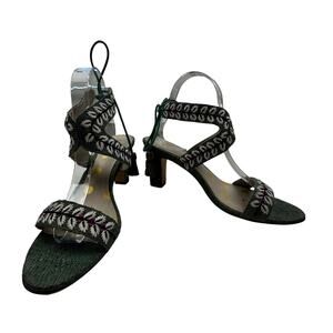 Boden Boho Green Straw Woven Floral Embroidered Wrap Heels Women's Size 40/8.5